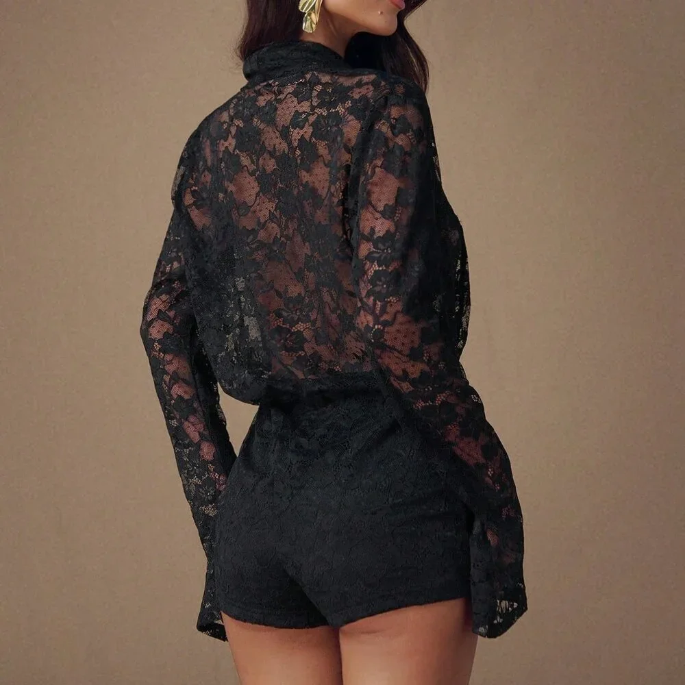 Black Sexy Women's Lace Plunging Neckline Romper